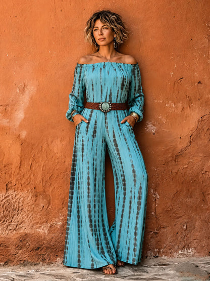 Printed Pockets Elasticity Contrast Color Belted Wide Leg Long Sleeves Off-the-shoulder Jumpsuits