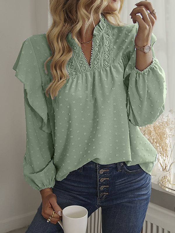 Long Sleeves Loose Elasticity Jacquard Ruffle Trim Solid Color Split-Joint V-Neck Blouses&Shirts Tops
