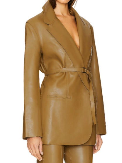Long Sleeves Loose Belted Pockets Solid Color Notched Collar Blazer Outerwear