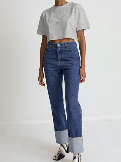 Loose Short Sleeves Solid Color Round-Neck T-Shirts Tops
