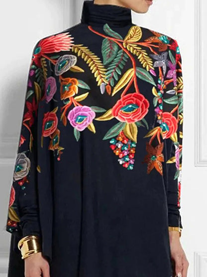 Batwing Sleeves Loose Printed High Neck T-Shirts