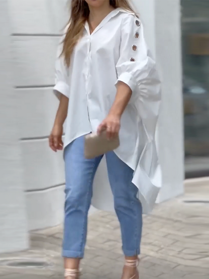 Loose Puff Sleeves High-Waisted Hollow Solid Color Lapel Collar Blouses&Shirts Tops