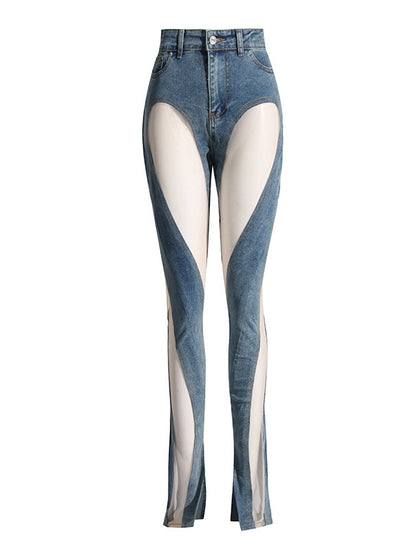 High Waisted Gauze Split-Joint Split-Side Jean Pants Bottoms