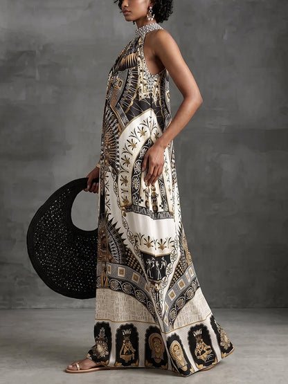 A-Line Loose Contrast Color Printed Zipper Halter-Neck Maxi Dresses