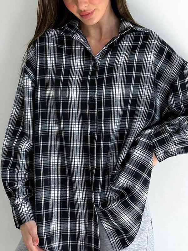 Long Sleeves Loose Plaid Split-Joint Lapel Blouses