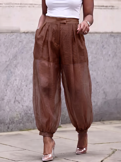 Split-Joint Solid Color Pockets Pleated Buttoned High Waisted Trousers Pants