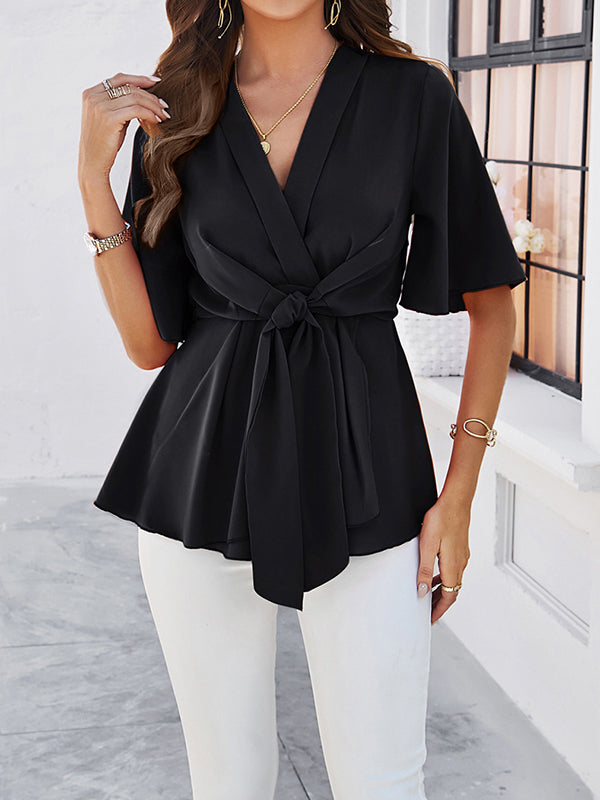 Flared Sleeves Half Sleeves Solid Color Tied V-Neck Blouses&Shirts Tops