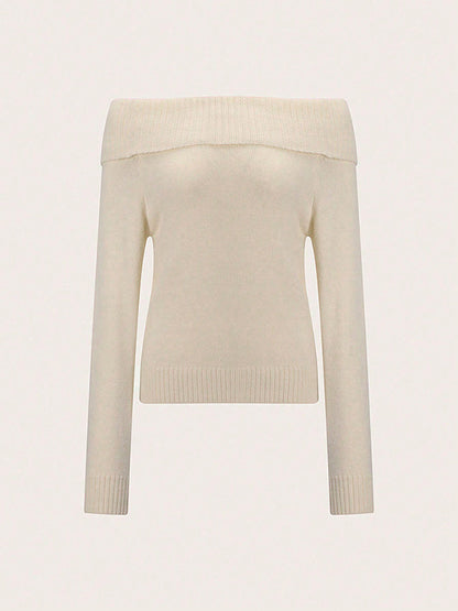 Long Sleeves Solid Color Off-The-Shoulder Pullovers Sweater Tops