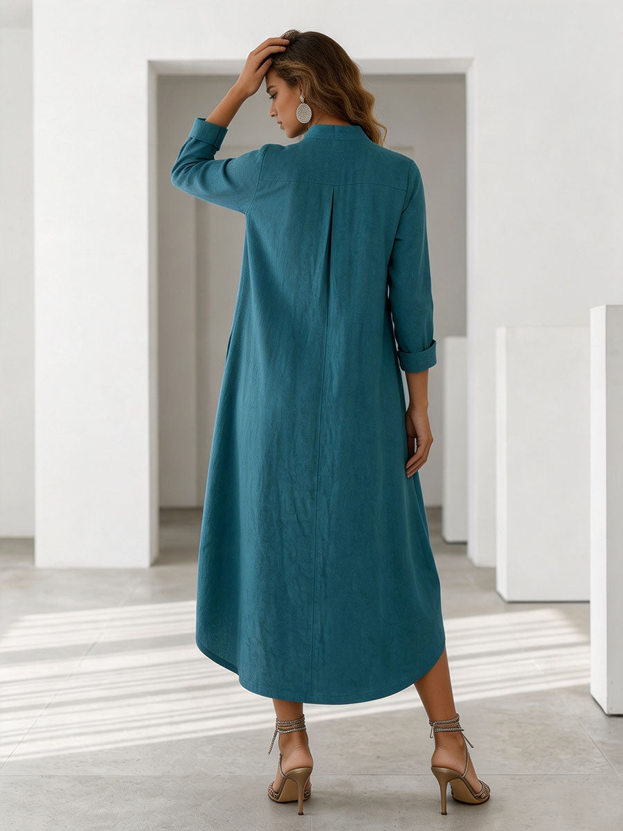 Solid Color Pockets Loose Long Sleeves V-neck Midi Dresses