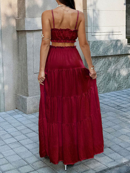 Solid Color Pleated Cropped Ruffled Spaghetti-Neck + A-Line Skirts Bottoms Top Two Pieces Set