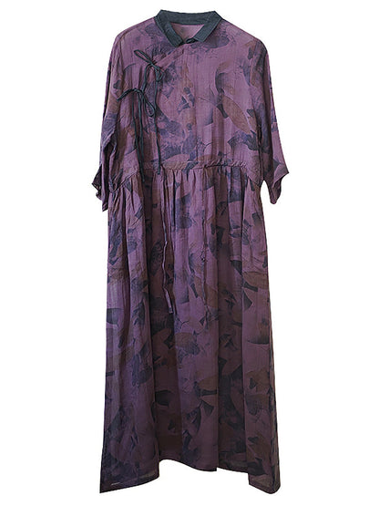 Plus Size Women Chinese Style Drawstring Print Loose Dress