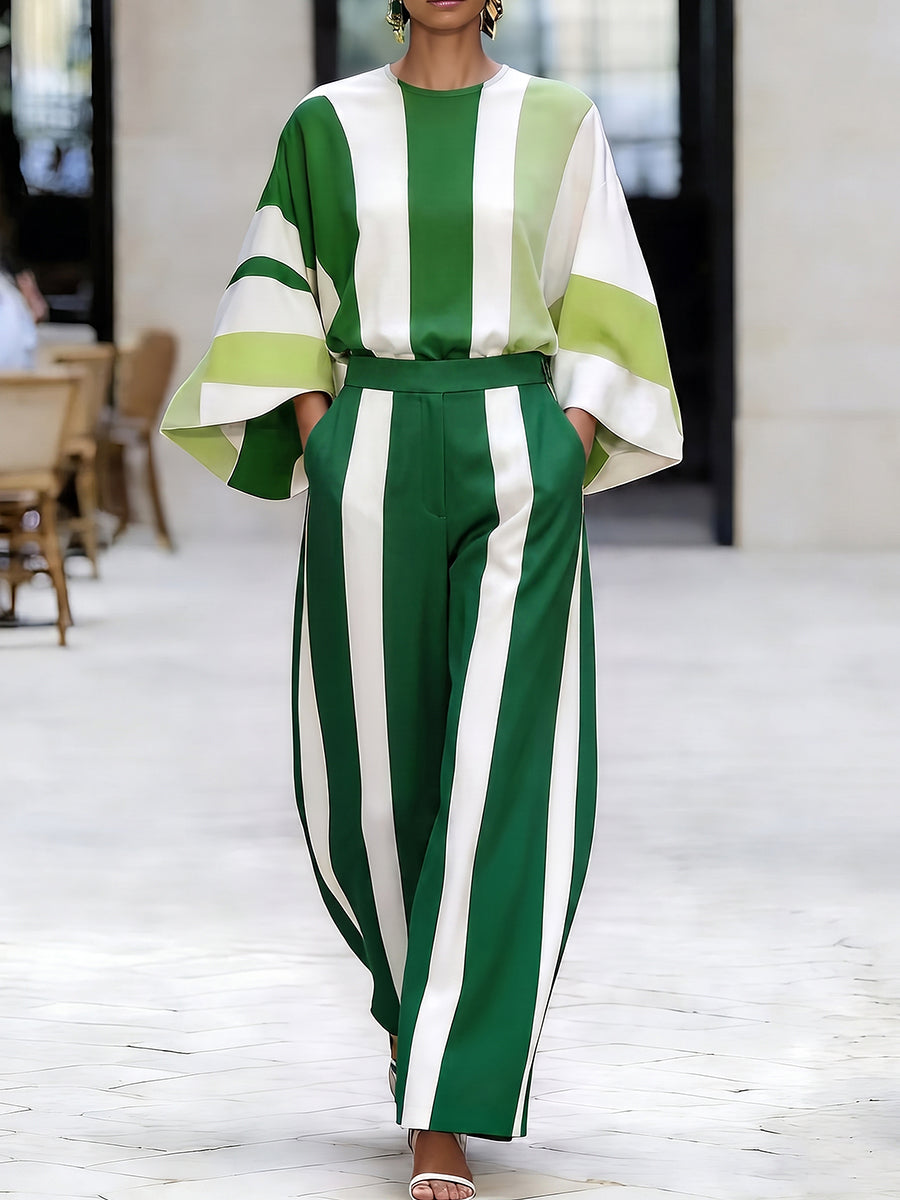Striped Pockets Elasticity Contrast Color Wide Leg Loose Trousers Pants