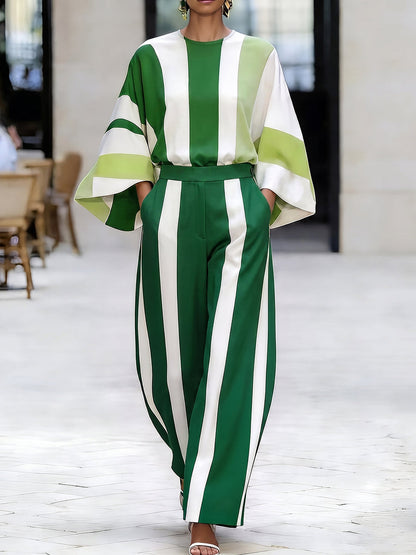 Striped Pockets Elasticity Contrast Color Wide Leg Loose Trousers Pants