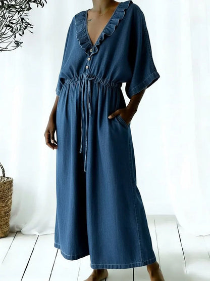 Solid Color Ruffle Trim Pockets Elasticity Drawstring Buttoned Wide Leg Loose V-neck Jumpsuits
