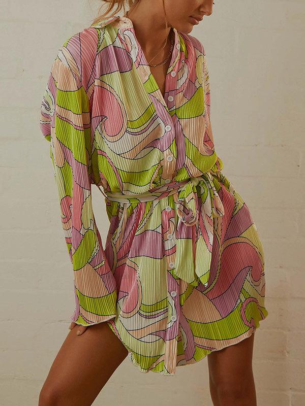 Long Sleeves Loose Buttoned Pleated Printed Tied Waist Lapel Mini Dresses