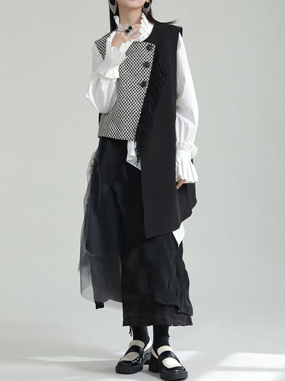 Ruffle Sleeves Sleeveless Asymmetric Buttoned Houndstooth Vest Outerwear