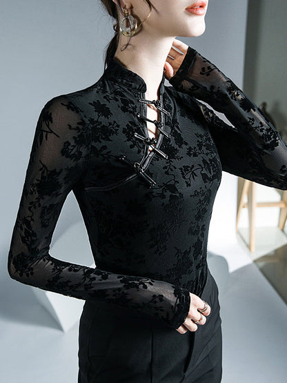 Long Sleeves Skinny Buttoned Flower Print Mesh Mock Neck T-Shirts Tops