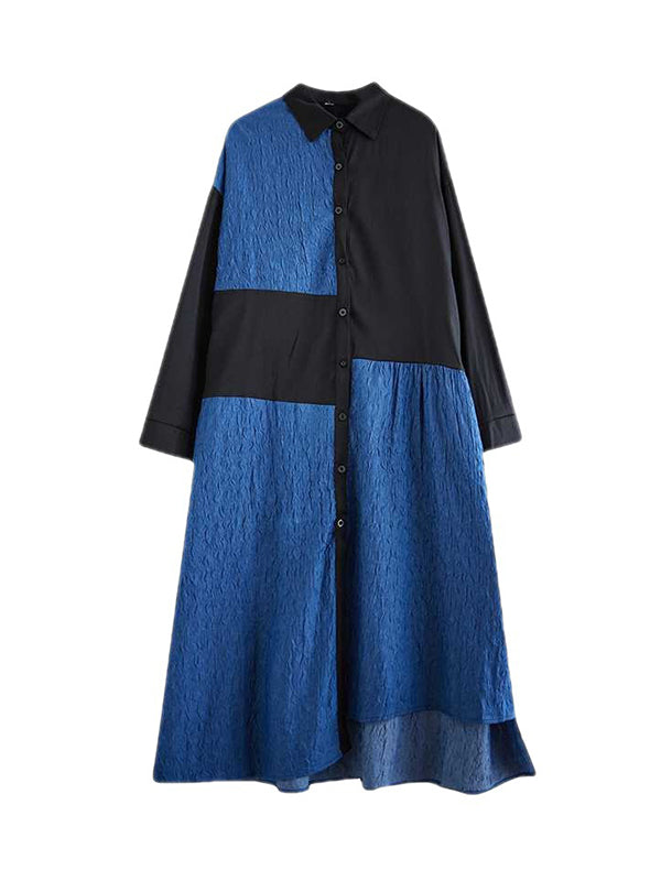 High-Low Long Sleeves Asymmetric Buttoned Split-Joint Lapel Midi Dresses