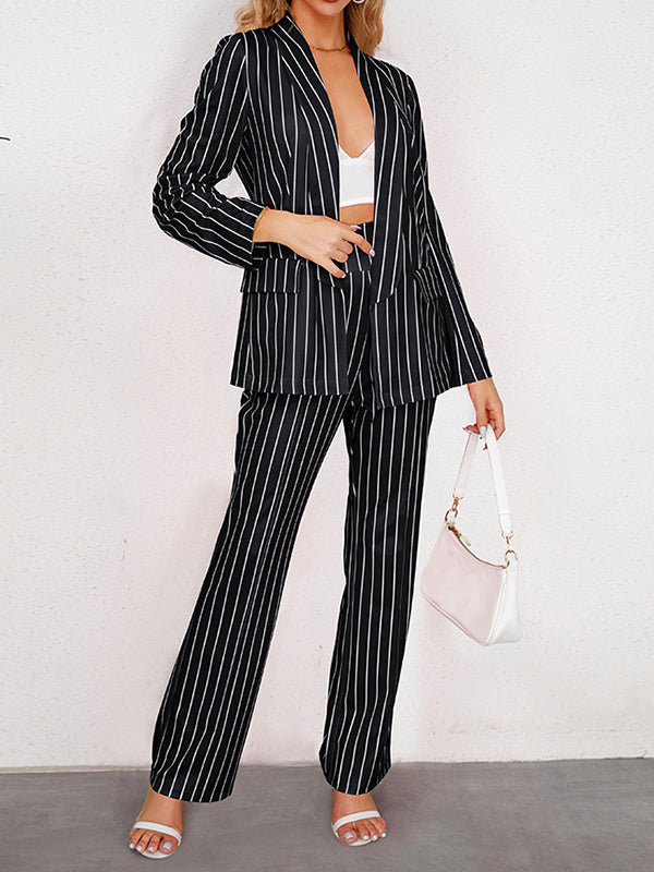 Long Sleeves Striped Lapel Blazer Top + Wide Leg Pants Bottom Two Pieces Set