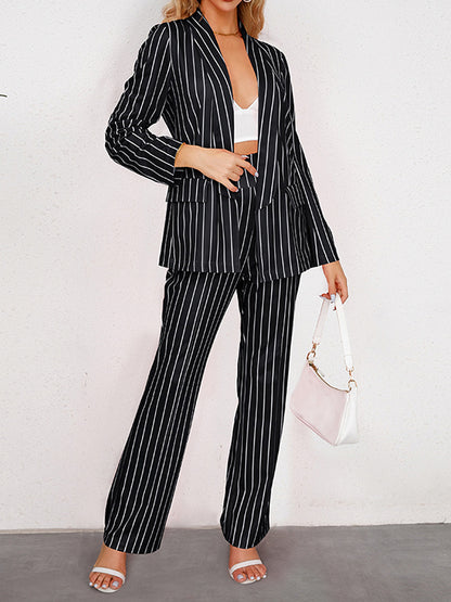 Long Sleeves Striped Lapel Blazer Top + Wide Leg Pants Bottom Two Pieces Set