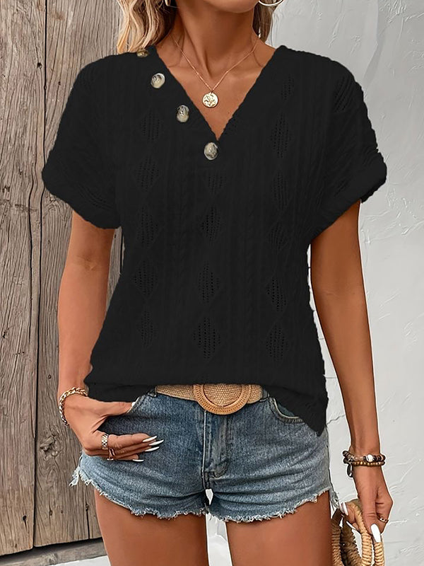 Loose Short Sleeves Buttoned Solid Color V-Neck T-Shirts Tops