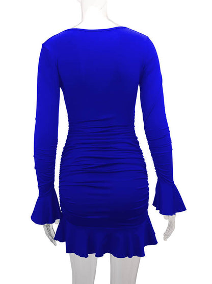 Bodycon Elasticated Waist Pleated Ruffled Solid Color Split-Joint V-Neck Midi Dresses