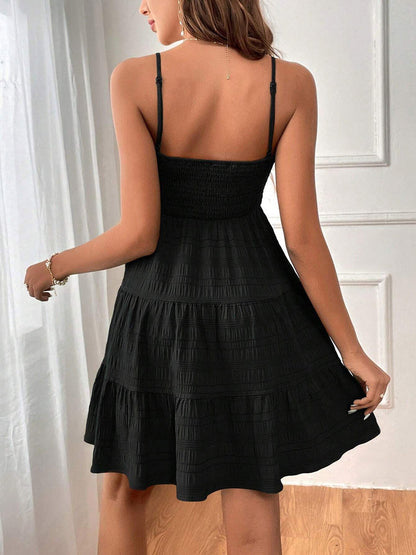 Elasticated Waist High Waisted Pleated Solid Color Split-Joint Spaghetti-Neck Mini Dresses