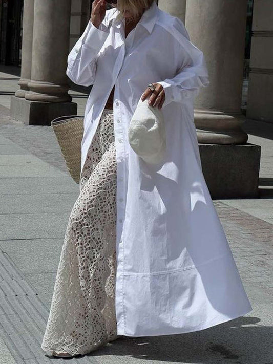 Long Sleeves Solid Color Split-Joint Lapel Maxi Dresses Shirt Dress