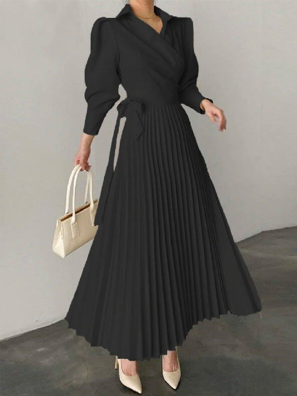 InsCoder TestOffice Pleated Asymmetric Solid Color Lapel Maxi Dresses (Copy)