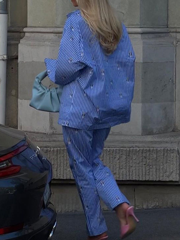 Long Sleeves Buttoned Cartoon Printed Contrast Color Striped Lapel Blouses Tops + Tied Waist High Waisted Pants Bottom Two Pieces Set