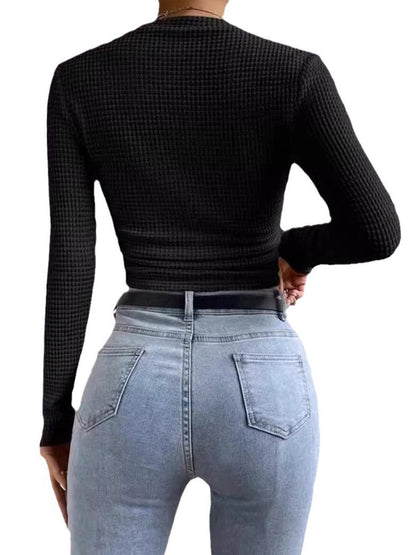 Long Sleeves Skinny Pleated Solid Color Split-Joint Textured Waffle Check Round-Neck T-Shirts Tops