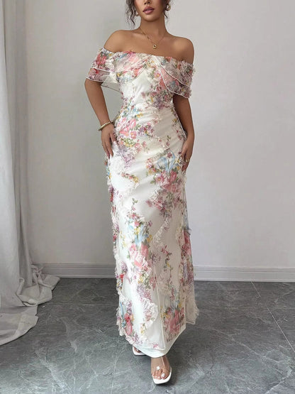 Bodycon Contrast Color Flower Print Ruffle Trim Split-Joint Off-The-Shoulder Midi Dresses