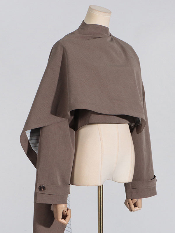Long Sleeves Loose Asymmetric Buttoned Pockets Solid Color Stand Collar Blazer Outerwear