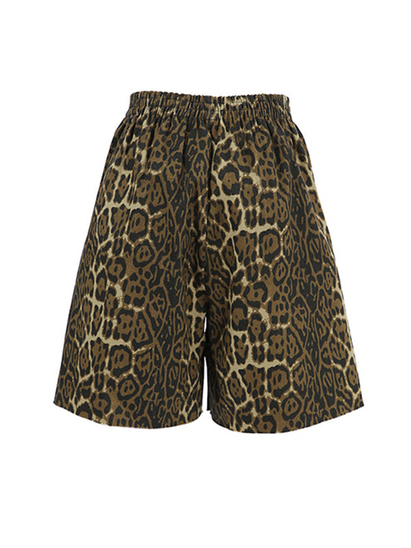 High Waisted Loose Elasticity Leopard Pockets Split-Joint Zipper Shorts Bottoms