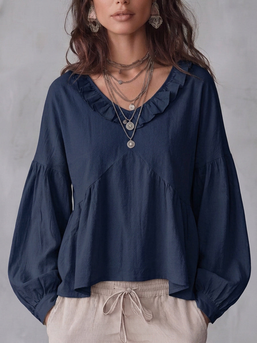 Long Sleeves Loose Pleated Ruffle Trim Solid Color Split-Joint Deep V-Neck Blouses&Shirts Tops