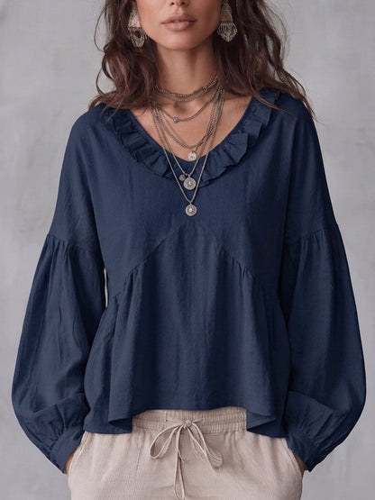 Long Sleeves Loose Pleated Ruffle Trim Solid Color Split-Joint Deep V-Neck Blouses&Shirts Tops