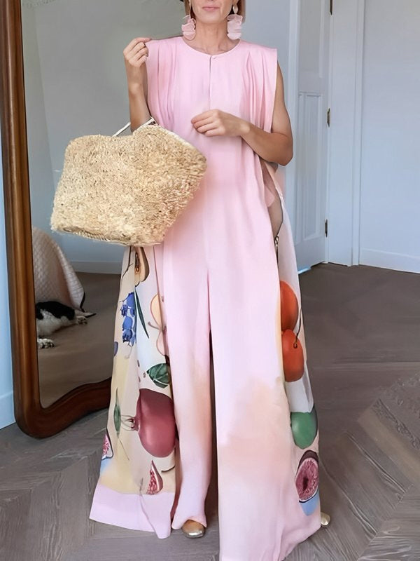 Loose Sleeveless Flower Print Round-Neck Jumpsuits