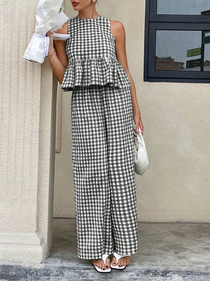 A-Line Loose Plaid Pleated Split-Joint Round-Neck Vest Top + Pants Bottom Suits
