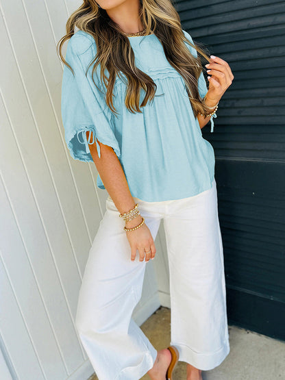 Half Sleeves Loose Drawstring Pleated Solid Color Split-Joint Round-Neck Blouses&Shirts Tops