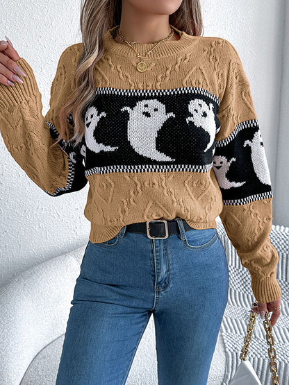 Long Sleeves Loose Contrast Color Split-Joint Round-Neck Pullovers Sweater Tops
