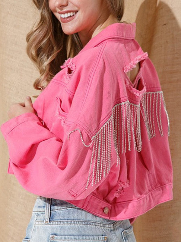 Long Sleeves Loose Fringed Ripped Split-Joint Tasseled Lapel Jackets