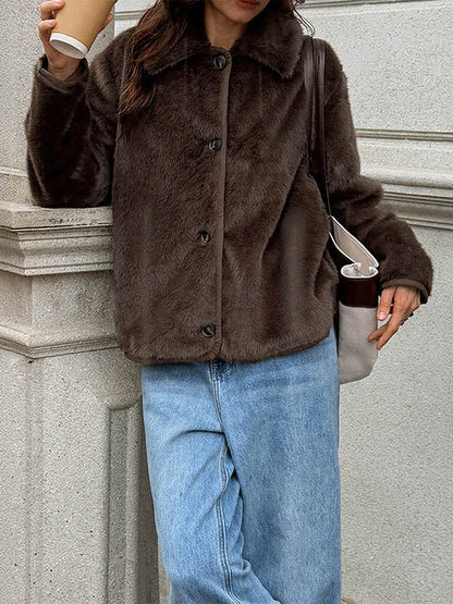 Long Sleeves Loose Buttoned Pockets Solid Color Split-Joint Lapel Outerwear