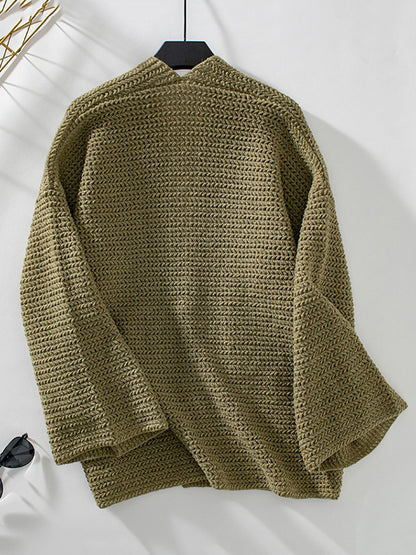 Long Sleeves Loose Pockets Solid Color Split-Joint Collarless Cardigan Tops