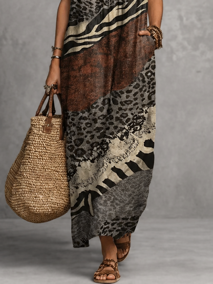 Loose Sleeveless Pockets Printed Ruffled V-Neck Maxi Dresses