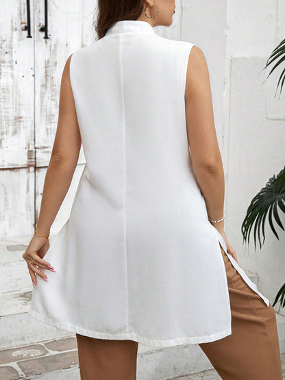A-Line Loose Buttoned Solid Color Split-Front Split-Side Stand Collar Vest Top