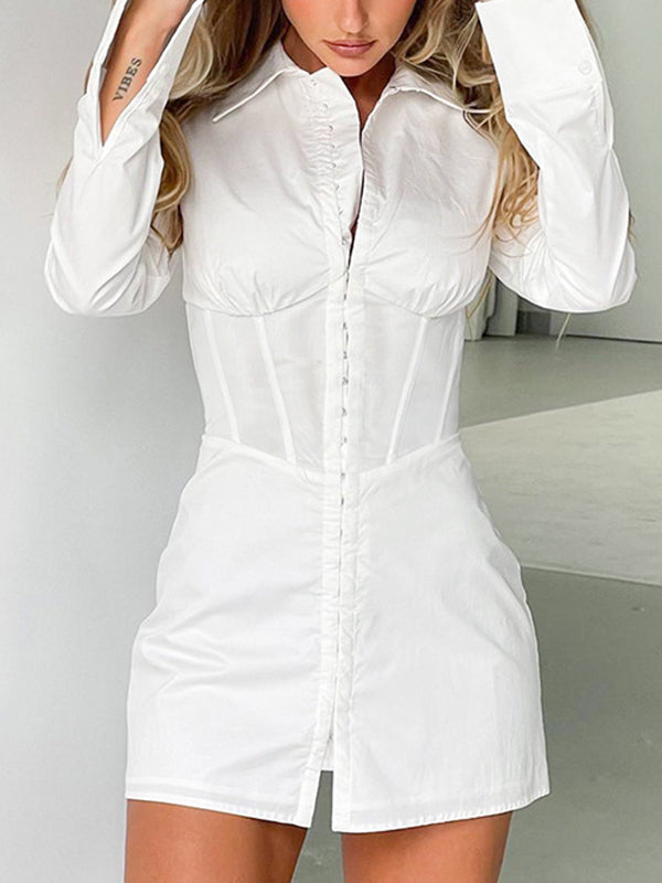 High Waisted Long Sleeves Buckle Solid Color Split-Front Lapel Mini Dresses