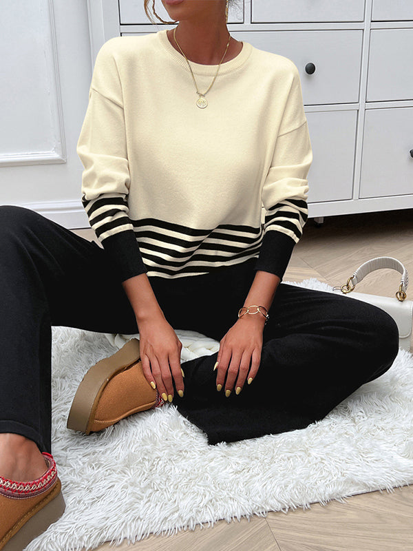 Long Sleeves Loose Contrast Color Split-Side Striped Round-Neck Sweater Top + Pants Bottom Two Pieces Set