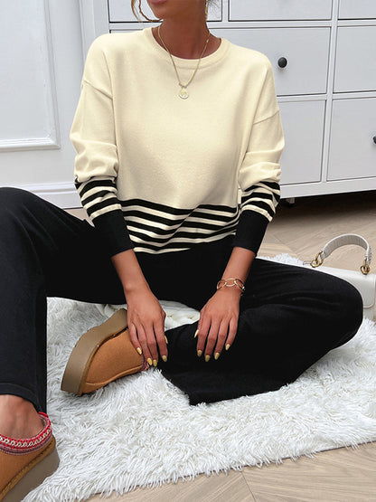 Long Sleeves Loose Contrast Color Split-Side Striped Round-Neck Sweater Top + Pants Bottom Two Pieces Set