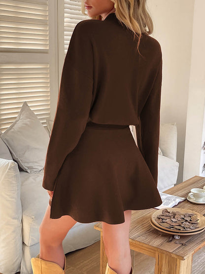 A-line High Waisted Elasticity Solid Color Round-neck Mini Dresses Sweater Dresses