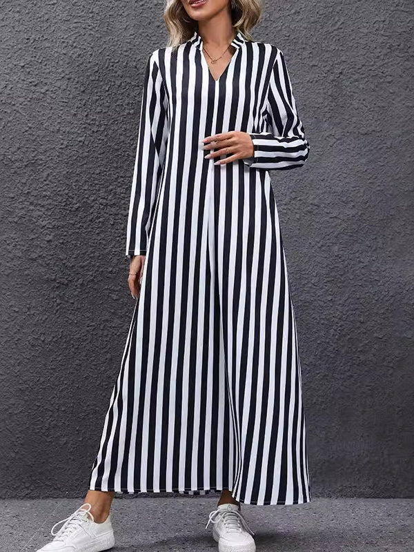 A-Line Long Sleeves Contrast Color Pleated Striped V-Neck Maxi Dresses